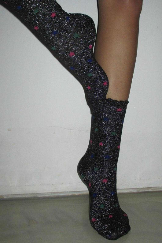 Star Scalloped Glitter Socks Black Silver